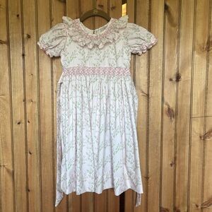 Smockingbird Hand Smocked Dress Girls 6 Pink Floral Bird Puff Sleeve Boutique